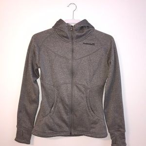 Grey athletic zip up with a hood